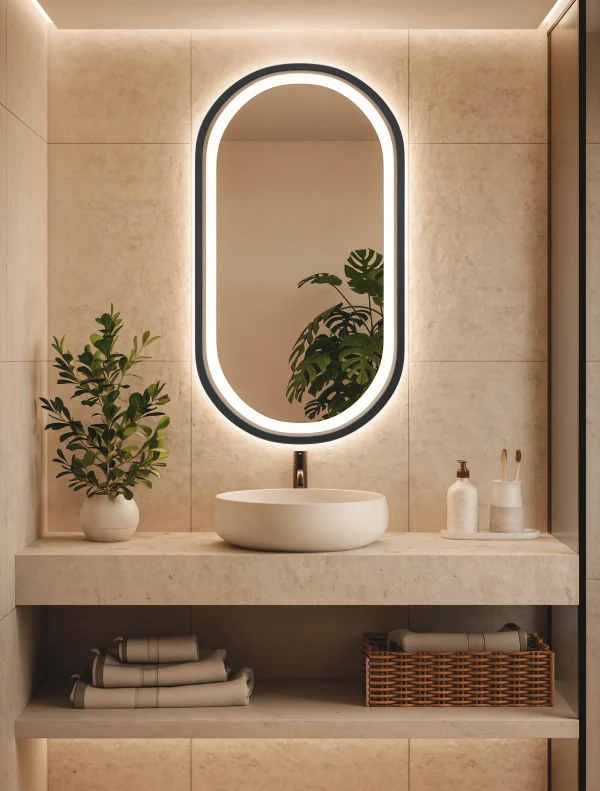 Lustro Owalne Podswietlane Led Czarne W Ramie Z Piaskowaniem 600x791