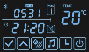Panel dotykowy bluetooth z głośnikami w lustrze - zegar, data, tydzien, temperatura, status odtwarzania muzyki, status oświetlenia, status funkcji przeciwmgielnenej